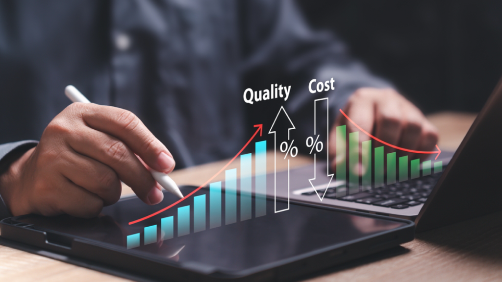 Business professional using tablet to optimize hiring strategy with quality and cost reduction graph—Interim HR Consulting banner