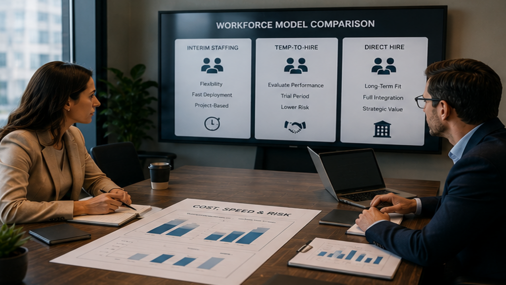 Comparison of interim staffing, temp-to-hire staffing, and direct hire staffing services, highlighting differences in cost, speed, flexibility, and workforce planning.